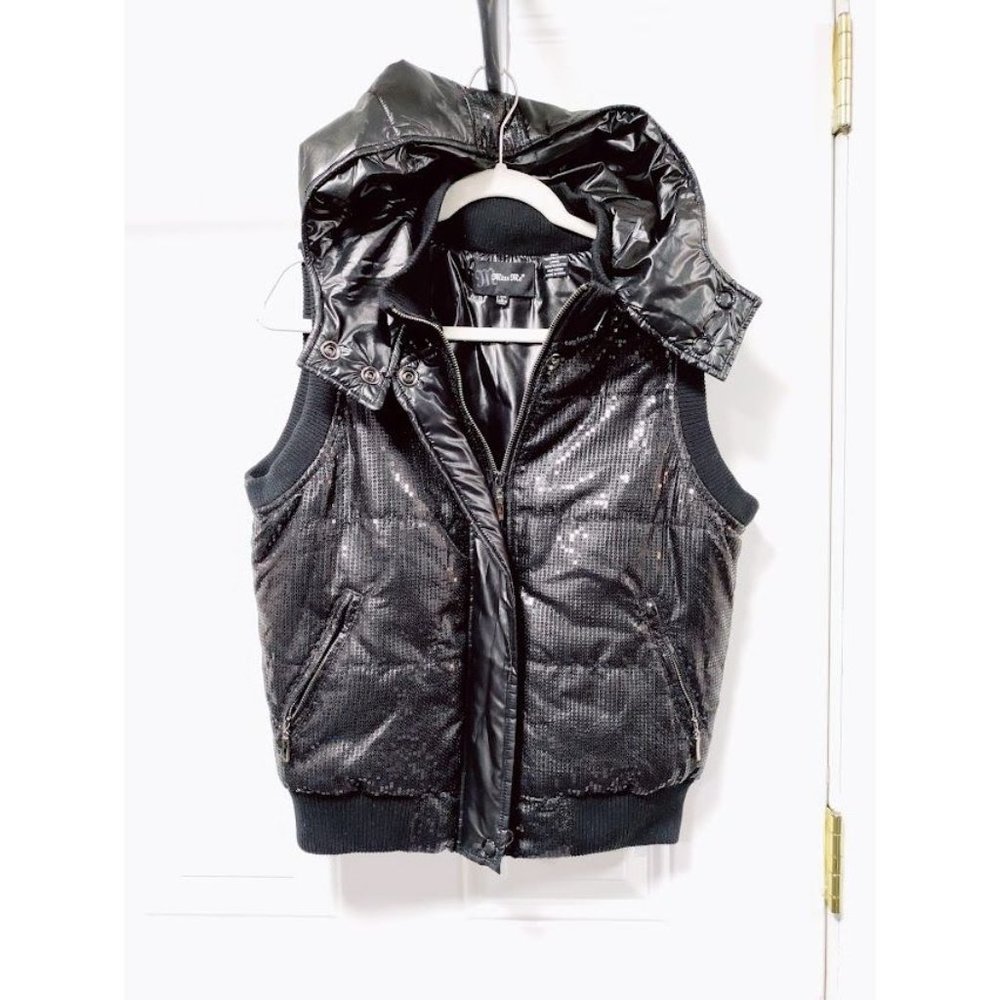 Miss Me Womens Faux Leather Hooded Sleeveless Full Zip Vest Jacket Black Large - Picture 2 of 9